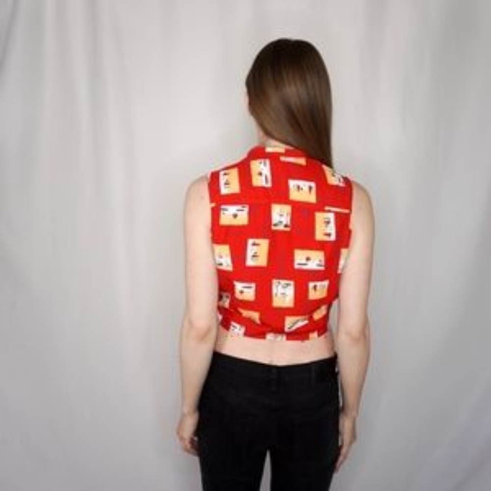 Liz Claiborne Vintage Abstract Red Tie Up Crop Top - Picture 2 of 6